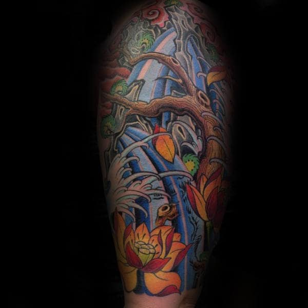 Male With Waterfall Japanese Half Sleeve Tattoo Design
