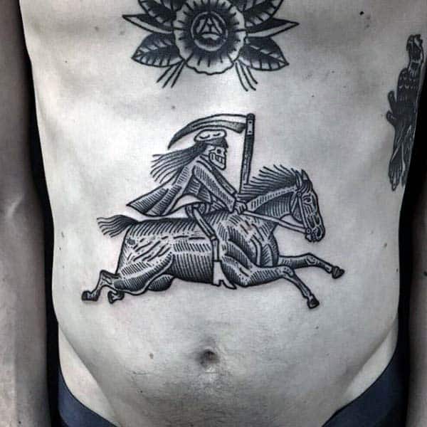 Male With Woodcut Grim Reaper Riding Horse Stomach Tattoo