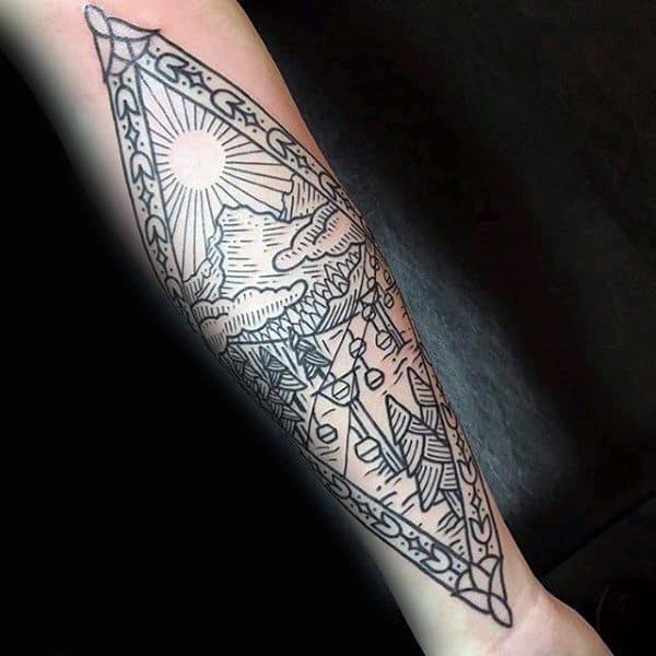 Male With Woodcut Mountain Skiing Forearm Tattoo