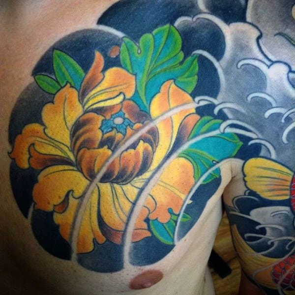 Male With Yellow Peony Japanese Ocean Wave Chest Tattoo