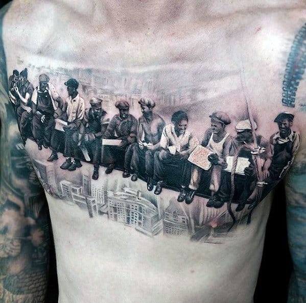 Male Workers Eating Lunch On Beam Above City Guys Badass Chest Tattoo