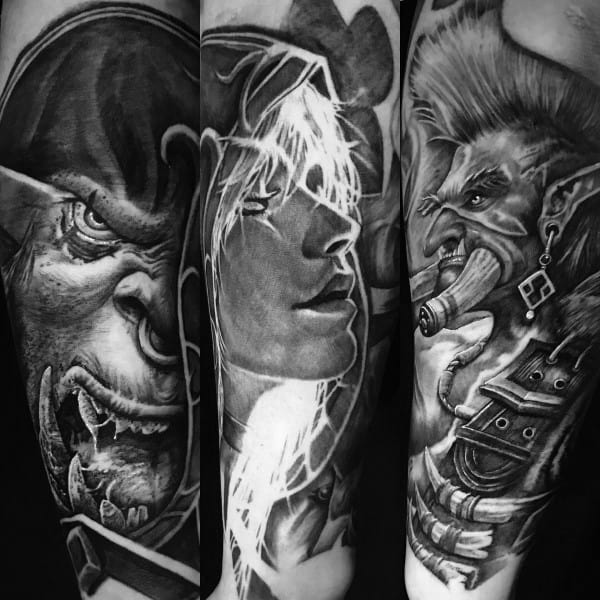 Black and grey tattoo sleeve featuring iconic World of Warcraft characters, including an orc, a troll, and a female warrior, with intense shading and detail.