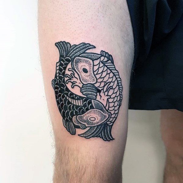 Male Yin Yang Koi Fish Tattoo Design Inspiration On Thigh