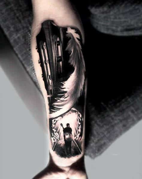 Males Beautiful Black Feather Design Painting Tattoo Forearms