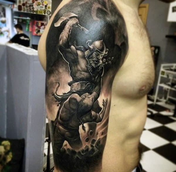 Males Black Shaded Death By Warrior Tattoo On Biceps