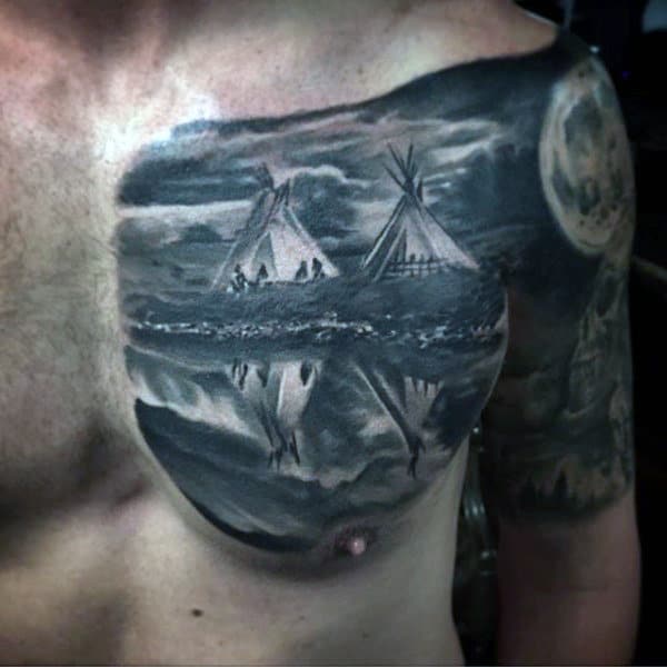 Males Chest Grey Colored Camp Night Realism Tattoo