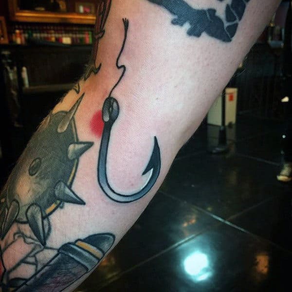 Males Old School Fish Hook Tattoo Design With Broken Line