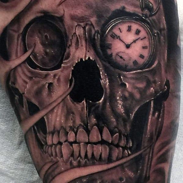 Males Pocket Watch Eyed Skull Tattoo On Legs