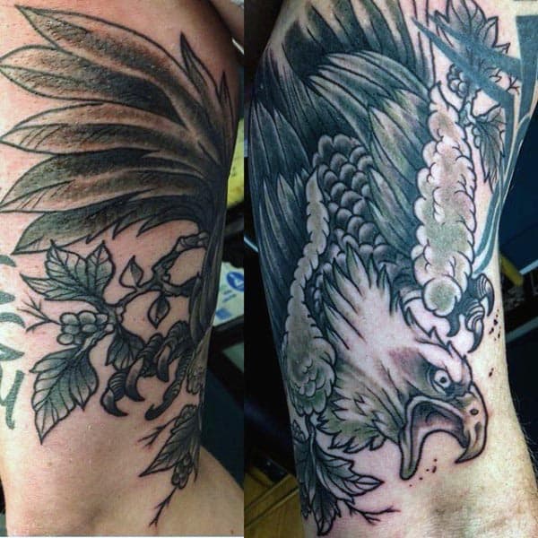 Traditional Japanese-style eagle tattoo covering the bicep, featuring bold black outlines, intricate feather details, and shading