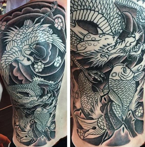 Maly Japanese Crane With Dragon And Koi Fish Full Back Mens Tattoo Designs