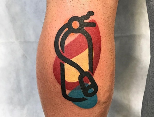 Minimalist tattoo of a fire extinguisher with bold black outlines and abstract geometric color blocks in red, yellow, and blue.