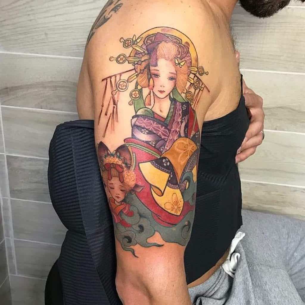 Colorful tattoo of a Geisha with ornate hairpins, wearing a detailed kimono, with a smaller figure below, surrounded by flowing elements.