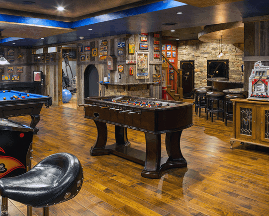 basement man cave foosball billiards table varnish hardwood floors 