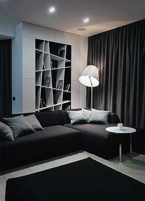 Monochrome living room with dark sectional sofa, modern bookshelf, and floor lamp.