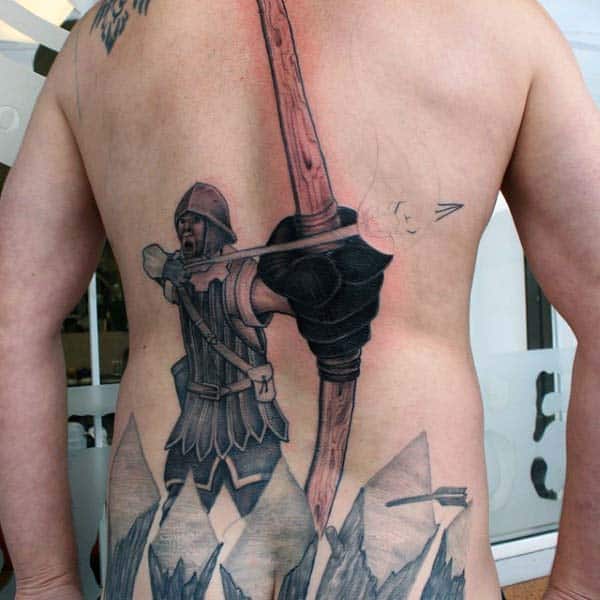 Man Drawing Arrow In Bow Archery Back Tattoos For Men