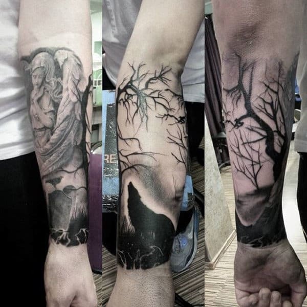 Man Forearm Tattoo Of Wolf Howling Under Tree