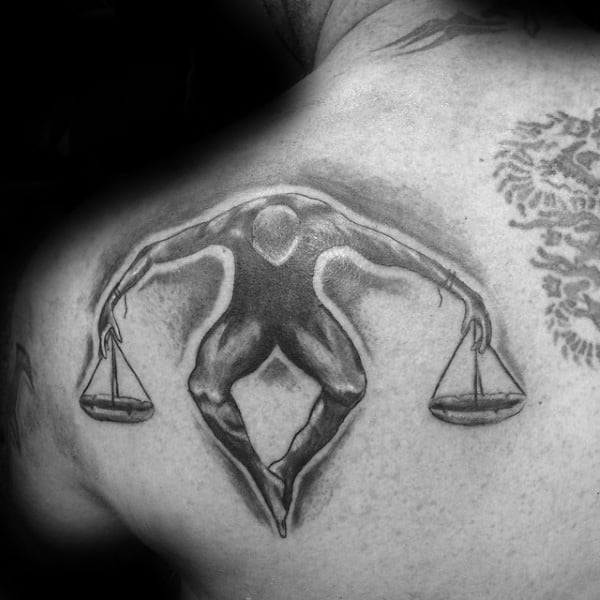 Man Holding Balanced Scale Shoulder Libra Tattoo For Guys