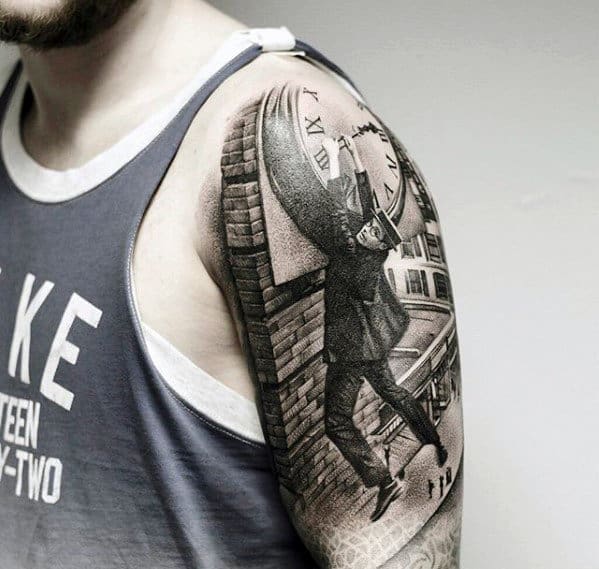 Man Holding Onto Clock Tower Guys Sweet 3d Half Sleeve Tattoo