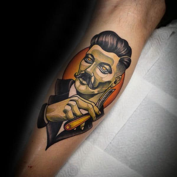 Man Holding Straight Razor Tattoo Forearms
