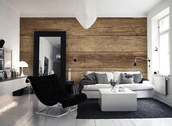 shiplap wood wall modern living room white sofa black accent chair 
