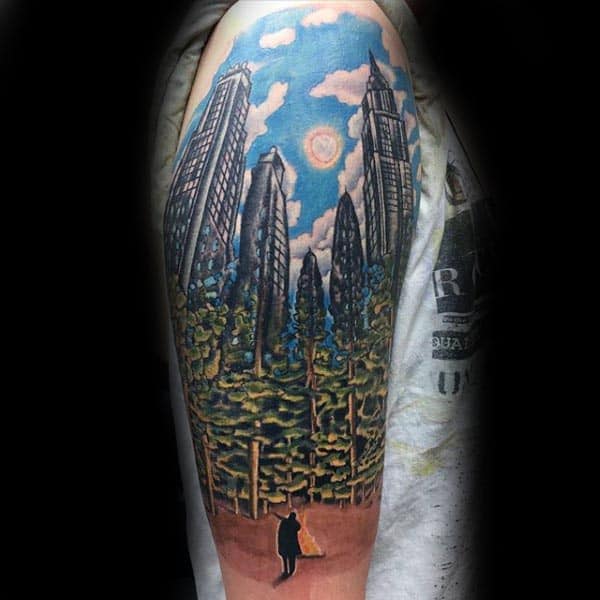 Man In Forest With City Skyline Background Cool Guys Arm Tattoos