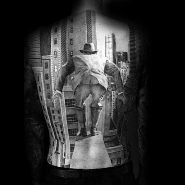 Man Jumping Off Building Mens Full Back Tattoos