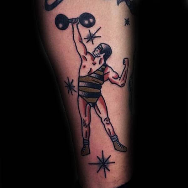 Man Lifting Dumbbell Old School Mens Tattoo Ideas