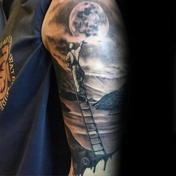 Man On Ladder Reaching For Moon Landscape Mens Half Sleeve Tattoos