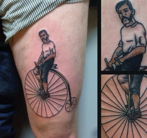Man On Vintage Farthing Bicycle Tattoo On Arms For Males