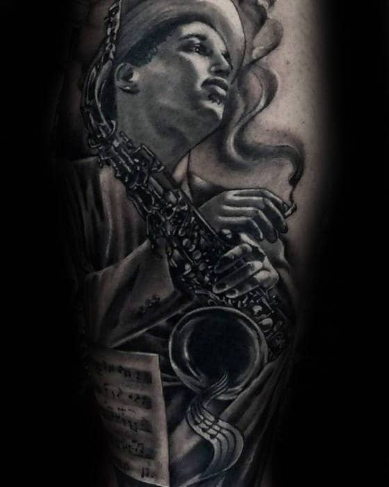 Man Playing Saxophone Guys Leg Tattoos