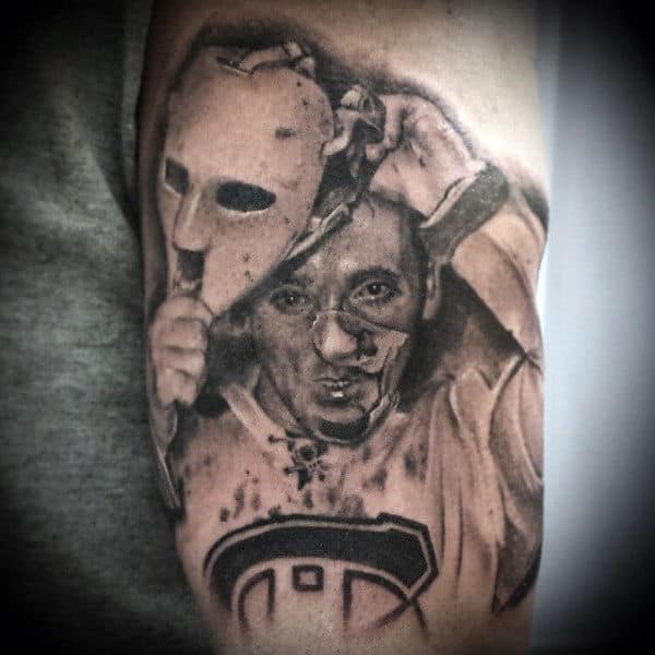 Man Removing Hockey Mask Guys Arm Tattoo