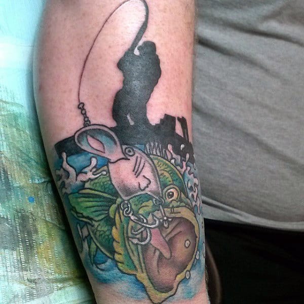 Man Shadow Fishing Bass Blackwork Tattoo