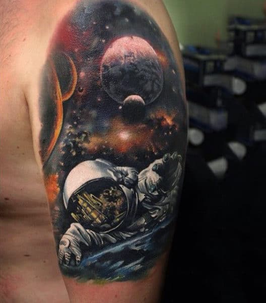 Man Shoulder Cosmonaut In Space Tattoo