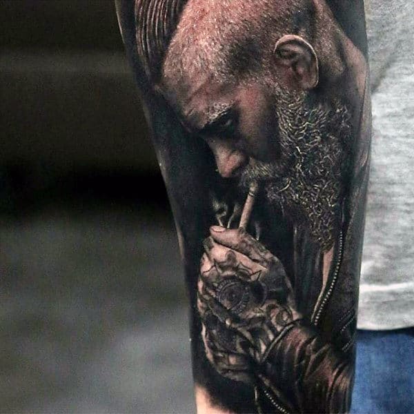 Man Smoking Black Ink Half Sleeve Realistic Tattoo