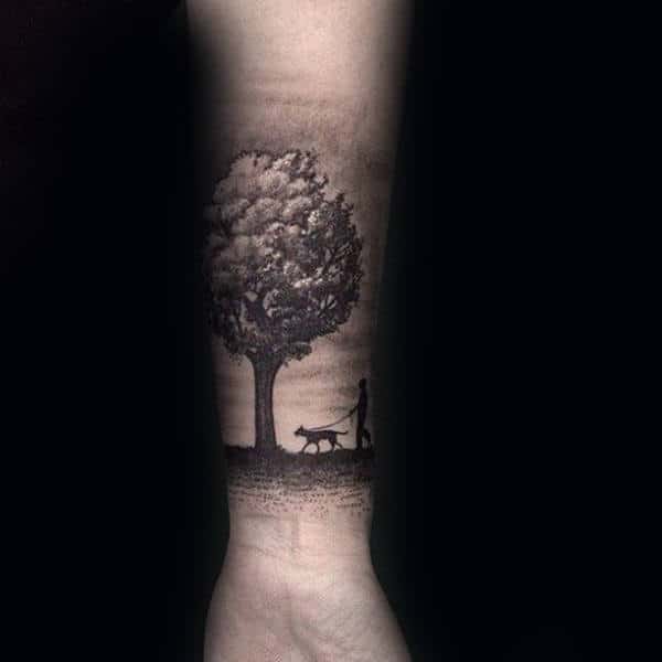 Man Walking Dog Under Tree Mens Forearm Tattoos