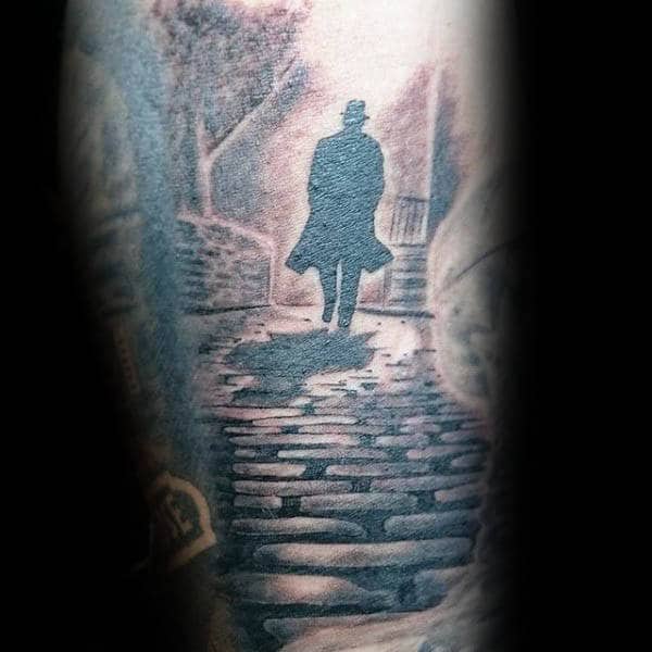 Man Walking Down Cobblestone Street Silhouette Sleeve Tattoos For Guys
