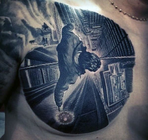 Man Walking Over Wire Mens Skyscraper Detailed Upper Chest Tattoo With 3d Design