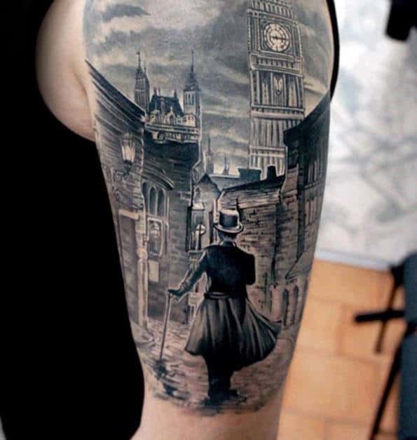 Man Walking Street Of City Mens Building Half Sleeve Tattoo