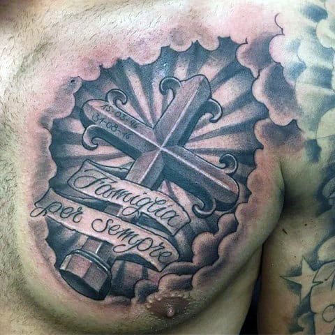 Man With 3d Banner Cross Upper Chest Tattoo
