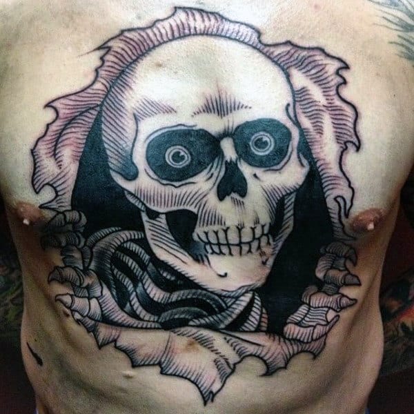 Man With 3d Skeleton Amazing Chest Tattoo Design