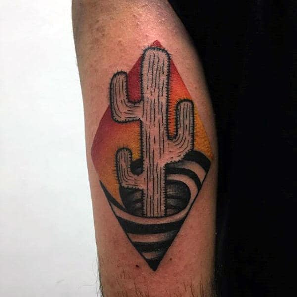 Man With 3d Spiral Cactus Red And Yellow Ink Sunset Tattoo