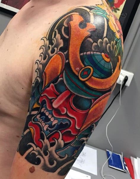 Man With Abstract Colorful Samurai Mask Half Sleeve Tattoo