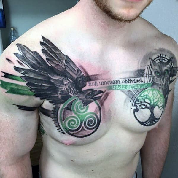 Man With Abstract Crow And Owl Chest Tattoo Design