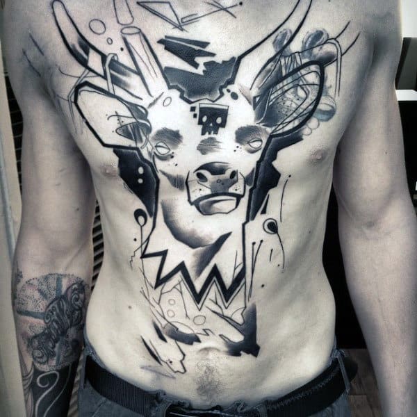 Man With Abstract Deer Watercolor Graffiti Tattoo On Chest