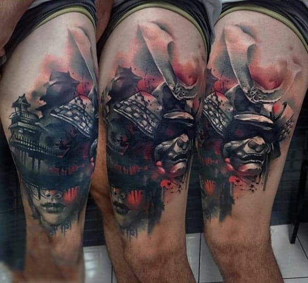 man-with-abstract-japanese-scene-tattoo-of-samurai-mask-and-woman-on-thigh