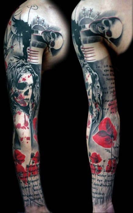 Man With Abstract Red Poppy Flower Sleeve Tattoo Design