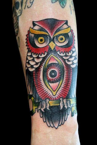 Man With All Seeing Eye Owl Traditional Tattoo Design