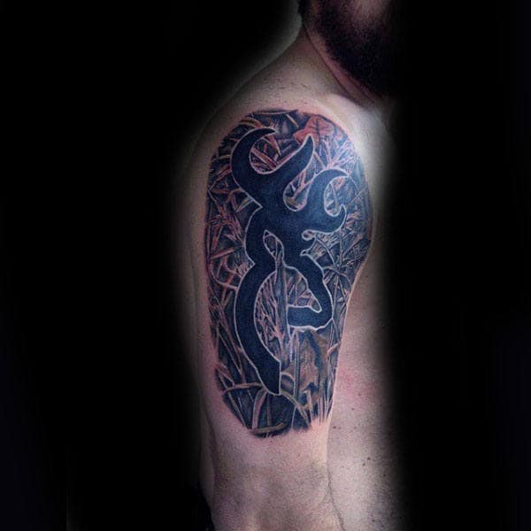 Man With Amazing Browning Camo Black Ink Half Sleeve Tattoo