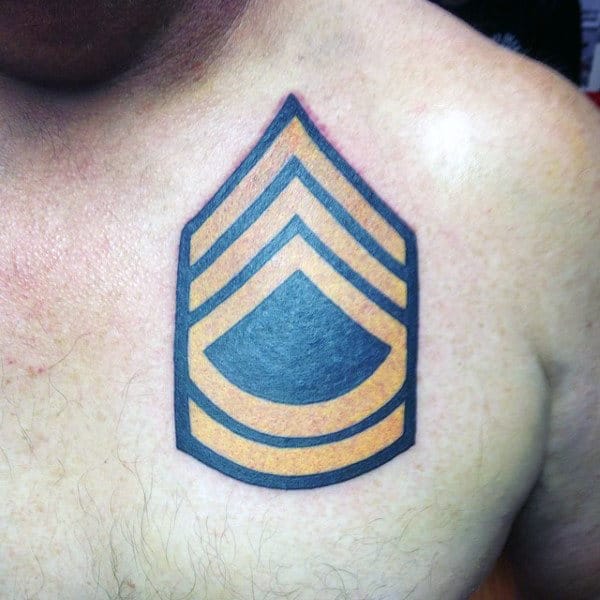 Man With Army Rank Badge Upper Chest Tattoo