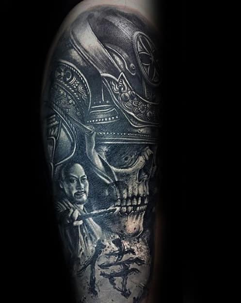 Man With Awesome Samuari Helmet Skull Half Sleeve Tattoo